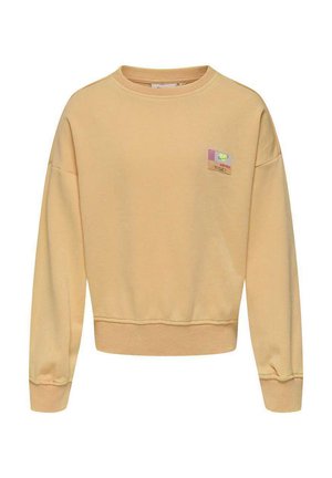 Sweatshirt jaune avec col et poignets côtelés, au design court, présentant un petit logo coloré en patch sur le côté avant gauche.