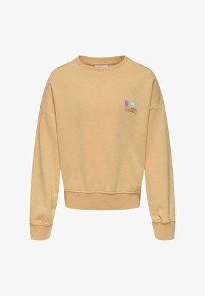 Sweatshirt jaune avec col et poignets côtelés, au design court, présentant un petit logo coloré en patch sur le côté avant gauche.