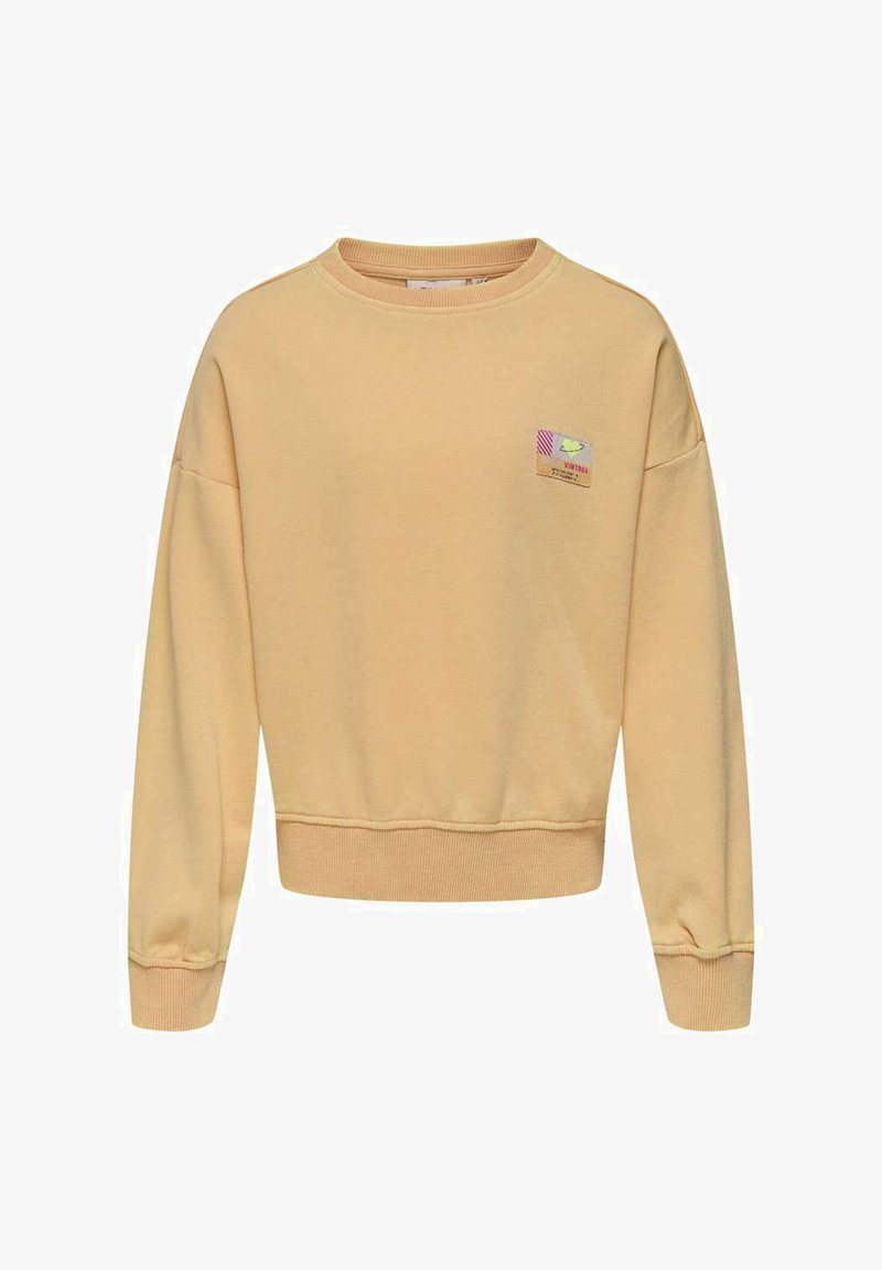 Sweatshirt jaune avec col et poignets côtelés, au design court, présentant un petit logo coloré en patch sur le côté avant gauche.