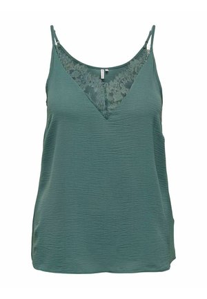 Débardeur vert à col en V, avec un panneau en dentelle sur la poitrine, tissu texturé et fines bretelles réglables. Doux et lightweight.