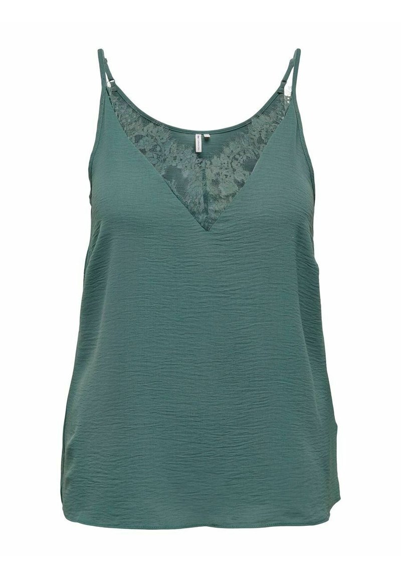 Grön linne med V-ringning, med ett spetspanel på bysten, texturerat tyg och tunna justerbara axelband. Mjukt och lätt.
