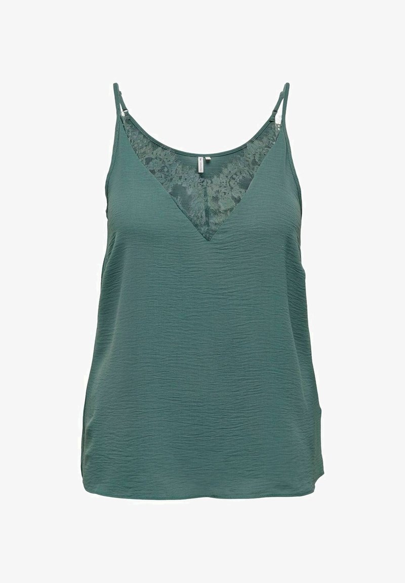 Green tank top with a V-neck, featuring a lace panel on the bust, textured fabric, and thin adjustable straps. Soft and lightweight.