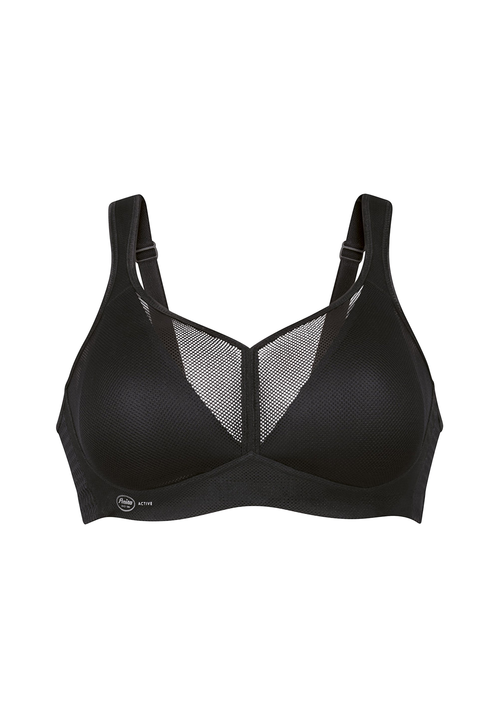Soutien-gorge de sport noir avec un design en mesh, bonnets rembourrés, bretelles réglables et tissu texturé pour la respirabilité et le soutien.