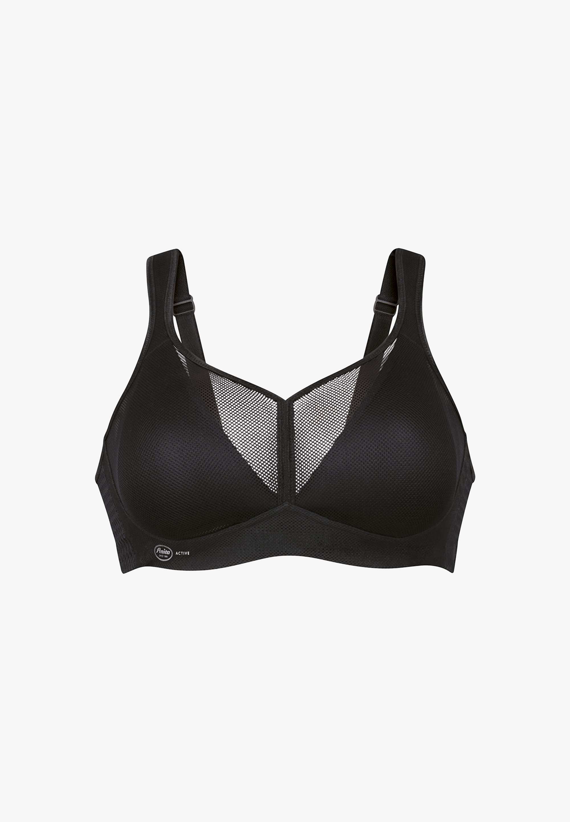 Soutien-gorge de sport noir avec un design en mesh, bonnets rembourrés, bretelles réglables et tissu texturé pour la respirabilité et le soutien.
