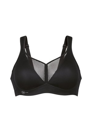 Schwarzer Sport-BH mit einem Mesh-Design, gepolsterten Cups, verstellbaren Trägern und strukturiertem Stoff für Atmungsaktivität und Unterstützung.