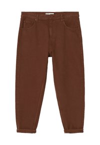 Ruske denim farkut, joissa on viisi taskua, napitus ja kapenevat lahkeet, joissa on käänteet.