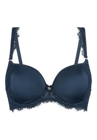 Navyblauw onderwired beha van gladde stof, met kantdetails en een decoratieve metalen accent in het midden. Verstelbare bandjes met kantdetails.