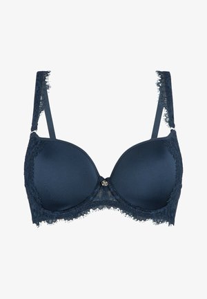 Navyblauw onderwired beha van gladde stof, met kantdetails en een decoratieve metalen accent in het midden. Verstelbare bandjes met kantdetails.