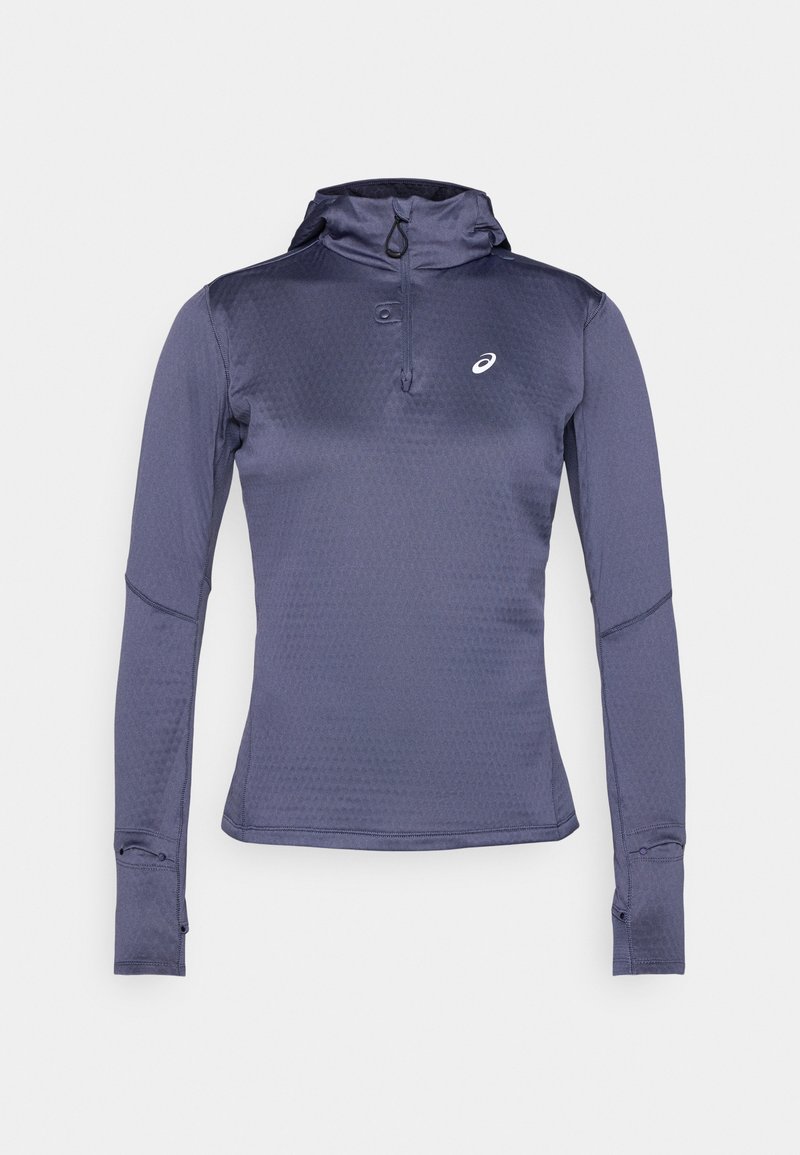 Long-sleeve athletic top in dark blue, featuring a zip neck, hood, and thumbholes. Textured fabric with a geometric pattern. Logo on chest.