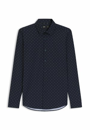 Camicia a maniche lunghe blu navy con un piccolo motivo ripetitivo azzurro, colletto classico e chiusura anteriore con bottoni. Tessuto dalla superficie liscia.