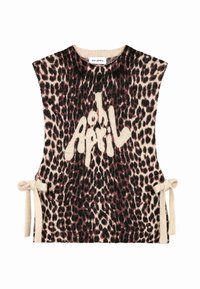 Bež un melns leoparda raksta bez piedurknēm adīts tops, ar drosmīgu "oh April" logotipu un saitēm sānos pielāgojamai piegulšanai.