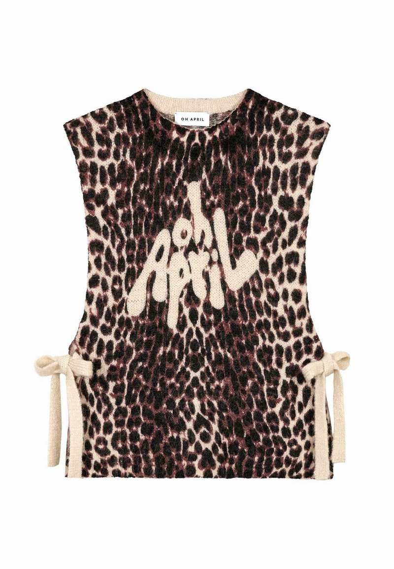 Bež un melns leoparda raksta bez piedurknēm adīts tops, ar drosmīgu "oh April" logotipu un saitēm sānos pielāgojamai piegulšanai.