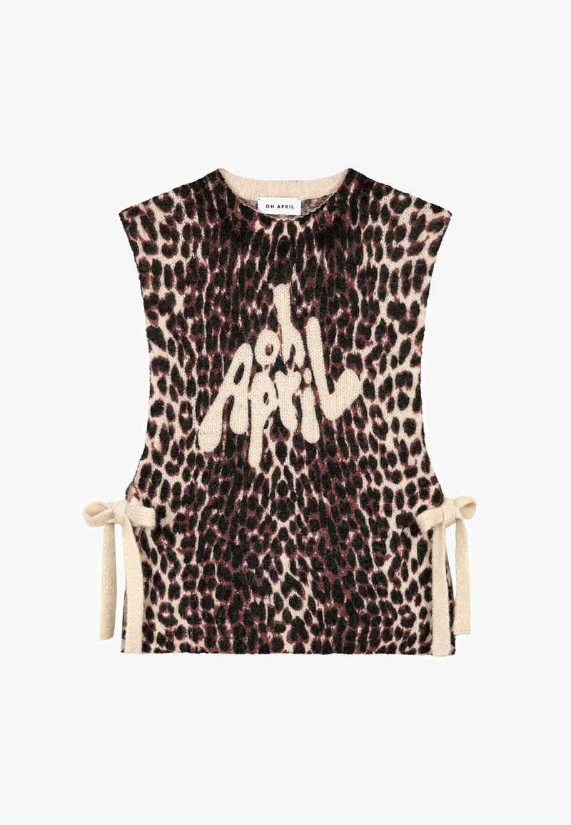 Bezručový pletený top s leopardím vzorom v béžovej a čiernej farbe, ktorý má odvážne logo "oh April" a viazanie na bokoch pre nastaviteľné prispôsobenie.