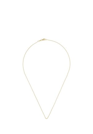 Collana sottile a catena d'oro con una piccola chiusura, esposta su sfondo bianco.