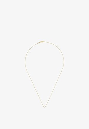 Collana sottile a catena d'oro con una piccola chiusura, esposta su sfondo bianco.