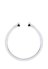 Sølvmetal cuff-armbånd med et åbent design, der har tilspidsede ender og en glat, poleret overflade. Minimalistisk og moderne form.