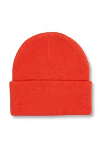 Bright orange knit beanie with a folded cuff. Material appears soft and stretchy, with a smooth texture and seamless top.