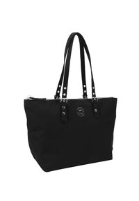 Svart tote-väska i tyg med dragkedjestängning, utrustad med två axelremmar och silverfärgad hårdvara, inklusive dekorativa nitar och logotyp.