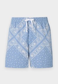 Blå mønstrede shorts med paisleymønster, elastisk linning med hvit snøring og en lett tekstur.