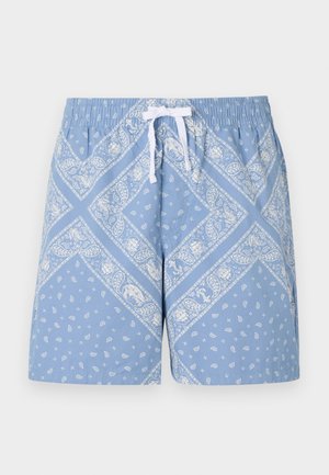 Șorturi albastre cu un model paisley, cu un brâu elastic și un șnur alb, realizate dintr-un material ușor.