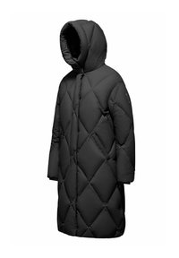 Cappotto imbottito di colore nero solido, con cappuccio, motivo a rombi e vestibilità ampia. Tessuto morbido e isolante con maniche lunghe.