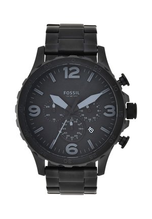 Schwarze Fossil Chronograph-Armbanduhr mit großen grauen Ziffern, drei Subzifferblättern, Datumsfenster bei 4 Uhr und Metallgliederarmband.