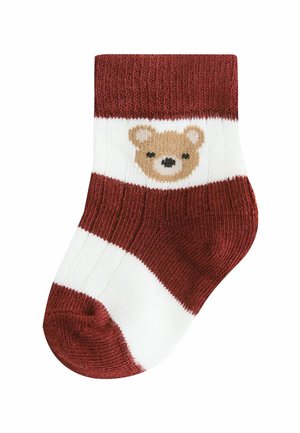 Gestreifte Socken in Burgunderrot und Weiß mit einem gestrickten beigen Bärenkopf-Design. Weiche Textur mit Rippbündchen am oberen Ende.