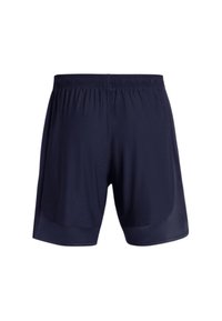 Navy athletic shorts with an elastic waistband, made of lightweight fabric, featuring a smooth texture and side vents for breathability.
