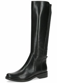 Bota alta de cuero negra con un acabado suave, punta redonda y un panel elástico negro texturizado en la parte posterior para mayor flexibilidad. Tacón bajo apilado.