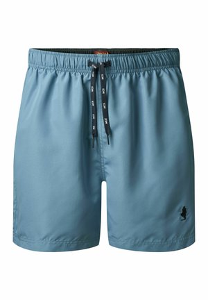 Helle blaue Schwimmshorts aus schnell trocknendem Material, mit elastischem Taillenbund, Kordelzug und einem kleinen schwarzen Logo an der Seite.