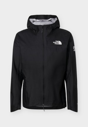 Zwarte jas met capuchon en volledige ritssluiting met The North Face-logo op borst en mouw, lichtgewicht ontwerp geschikt voor buitenactiviteiten.