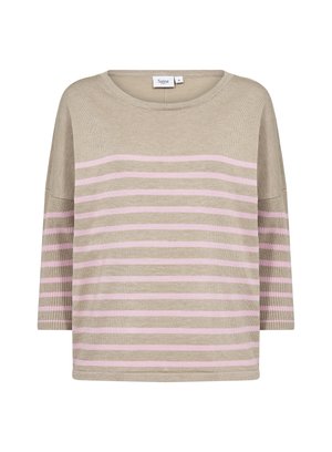 Světle béžový pletený svetr s horizontálními růžovými pruhy; má kulatý výstřih a rukávy o délce tři čtvrtě. Měkká textilie, uvolněný střih.