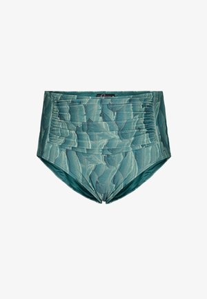 Visoke kopalne hlače v smaragdno zeleni barvi s potiskom listov; na straneh so nabrane teksture in gladka površina za udobje.