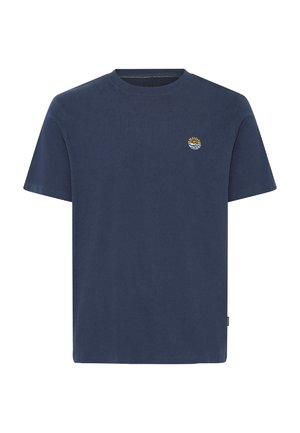 T-shirt en coton bleu marine à manches courtes, col rond, avec un petit design brodé de soleil et de vague sur la poitrine gauche.