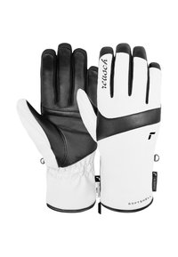 Weiße und schwarze Handschuhe aus Softshell und Leder; verfügen über einen strukturierten Griff, ein elastisches Handgelenk und Logo-Details auf den Handschuhen.