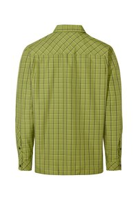 Chemise verte à manches longues avec un motif à carreaux noir en grille, poignets boutonnés et col classique, vue de dos sur un fond blanc.