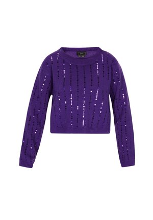 Fioletowy sweter dzianinowy z okrągłym dekoltem, w krótkim fasonie, ozdobiony pionowymi rzędami błyszczących czarnych i fioletowych cekinów.