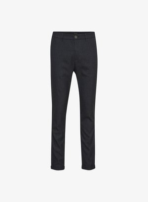 Mornarsko prugaste hlače iz tkanine, ki vključujejo sprednje zapiranje na gumb, pasne zanke in zavihane manšete. Ozek kroj.