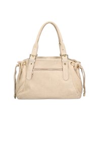 Sac à main en daim beige avec deux poignées sur le dessus, doté d'une poche frontale zippée, de cordons latéraux et d'accents en métal doré.