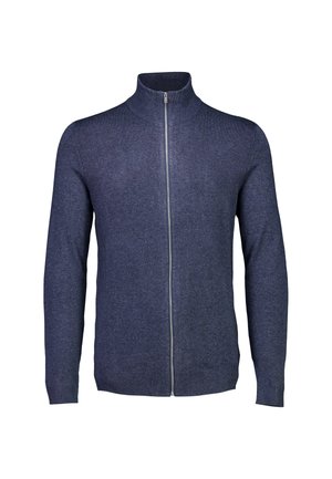 Sudadera azul marino con cremallera, hecha de tela texturizada. Cuenta con un cuello alto y mangas largas. Diseño simple y limpio con un corte ajustado.