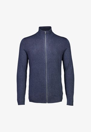 Navy blue zip-up sweater made of textured fabric. Features a high collar and long sleeves. Simple, clean design with a fitted cut.
