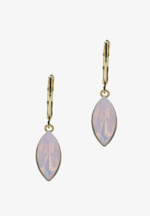 Oorbellen met een goudenkleurige afwerking en marquise-vormige, lichtroze kristallen met een facettenoppervlak en een haaksluiting voor een veilige pasvorm.