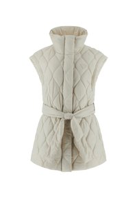 Beige gesteppte Weste mit hohem Kragen, ärmellosem Design und einem Bindegürtel vorne. Verfügt über ein Diamantmuster und eine glatte Textur.