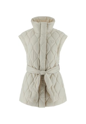Beżowa pikowana kamizelka z wysokim kołnierzem, bez rękawów, z paskiem do wiązania z przodu. Charakteryzuje się wzorem w romby i gładką fakturą.
