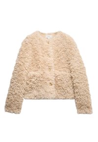 Kurzjacke aus Kunstpelz in Hellbeige mit strukturiertem Muster, verfügt über einen Rundhalsausschnitt, einen zentralen Knopfverschluss und zwei Vordertaschen.