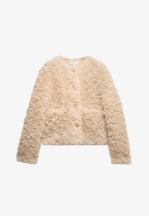 Chaqueta cropped de piel sintética en beige claro con patrón texturizado, presenta un cuello redondo, cierre central con botones y dos bolsillos frontales.