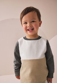 Lightweight sweatshirt with white, gray, and beige sections. Long sleeves, round neckline, soft texture, and minimalist design.