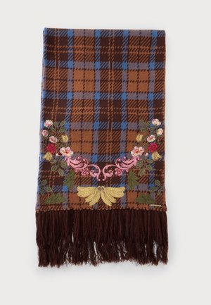 Écharpe à carreaux marron, bleus et rouille, avec une broderie florale, des volutes roses, un motif doré et de longues franges marron foncé.