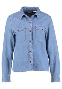 Light blue denim shirt featuring a button-up front, two chest pockets, and long sleeves with buttoned cuffs. Soft texture and classic design.