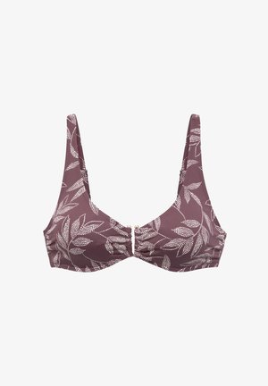 Bikini top in dark mauve with white leaf pattern, featuring wide straps and a gathered front with decorative buttons at the center.